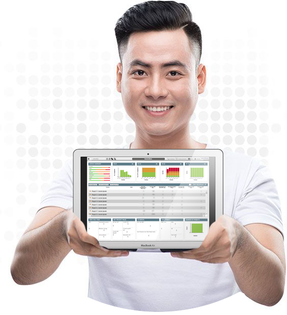 Image of PMO leader holding laptop with Project Portfolio Management Software on screen