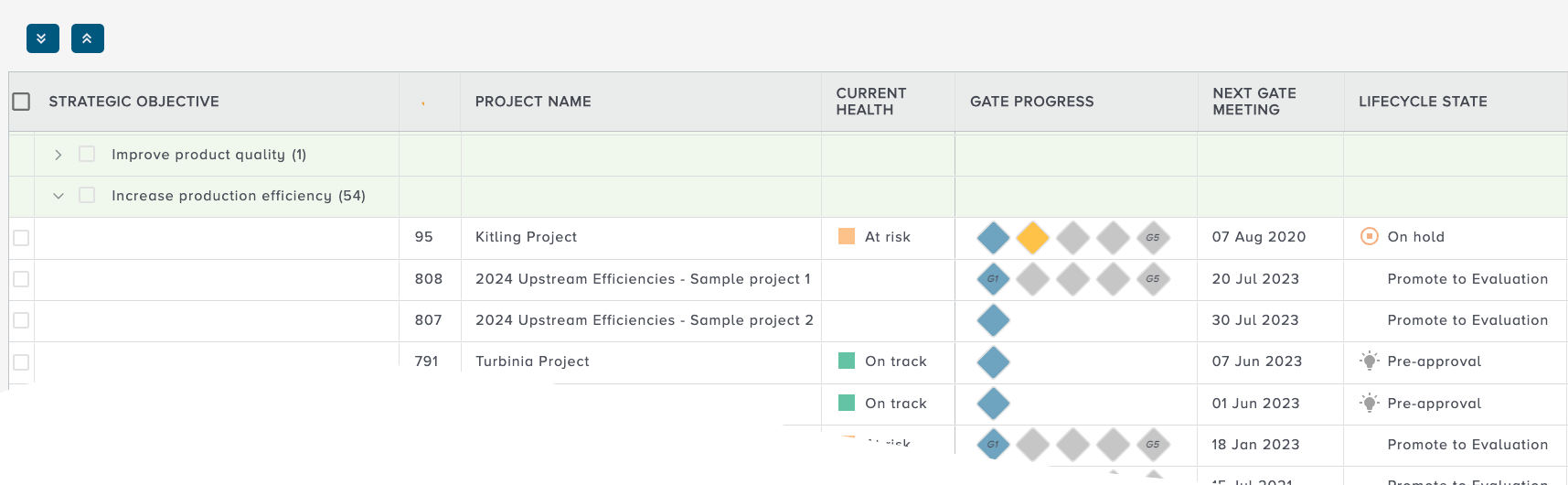 Energy Sector Project Portfolio Overview – List View – Bubble PPM Software PPM for Upstream Energy Sector Solutions - Project List View - Bubble iRIS PPM Software