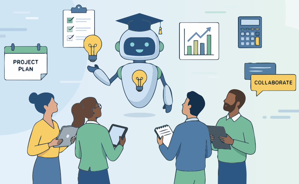 blog post illustration of AI project management showing an AI bot lecturing Project Managers