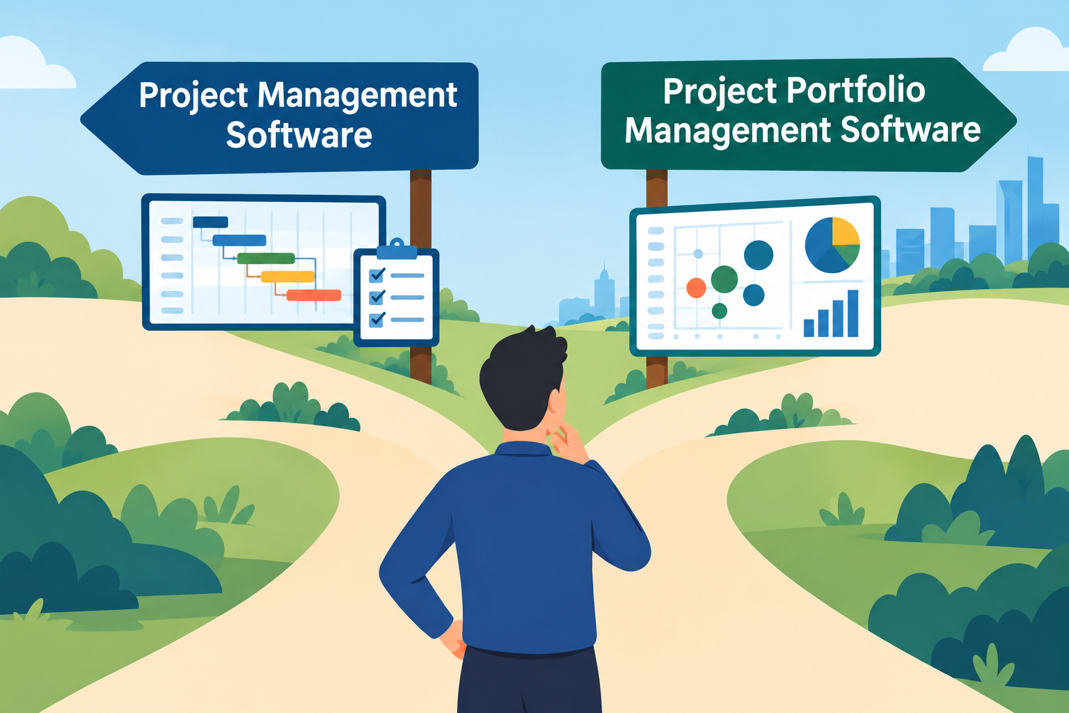 Project Management Software vs PPM Software - Blog header image - man looking in two directions